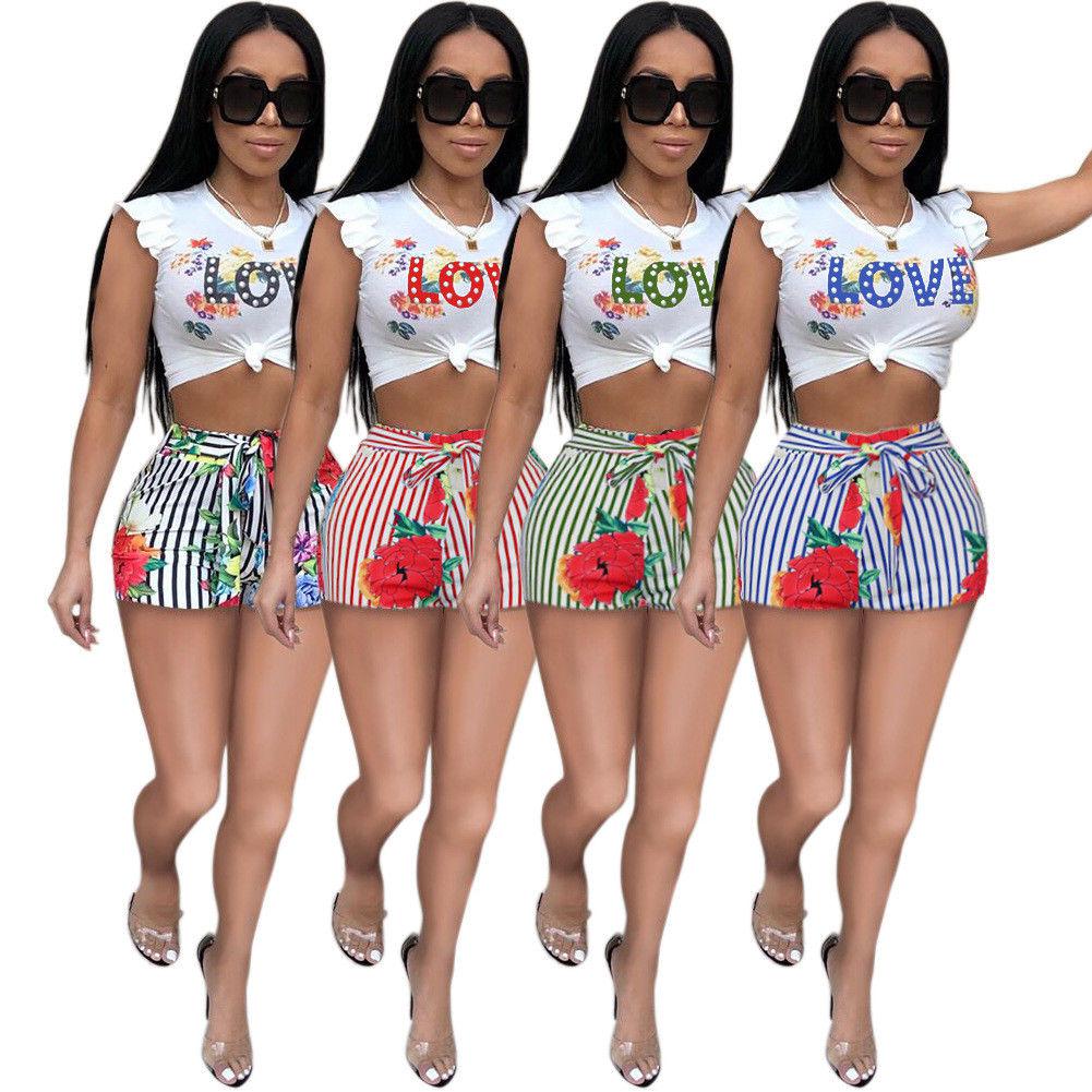 Summer 2pcs Sexy Women Short Sleeve Tops Floral Print Short Jumpsuit Romper: Print short  