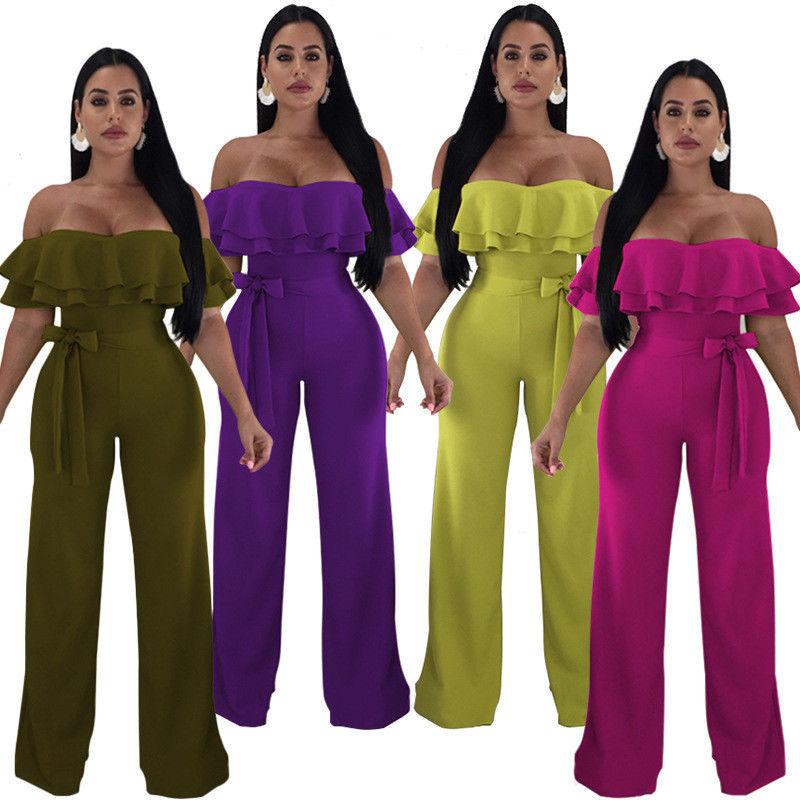 Women off shoulder ruffled bodycon long wide legs clubwear jumpsuit rompers: 