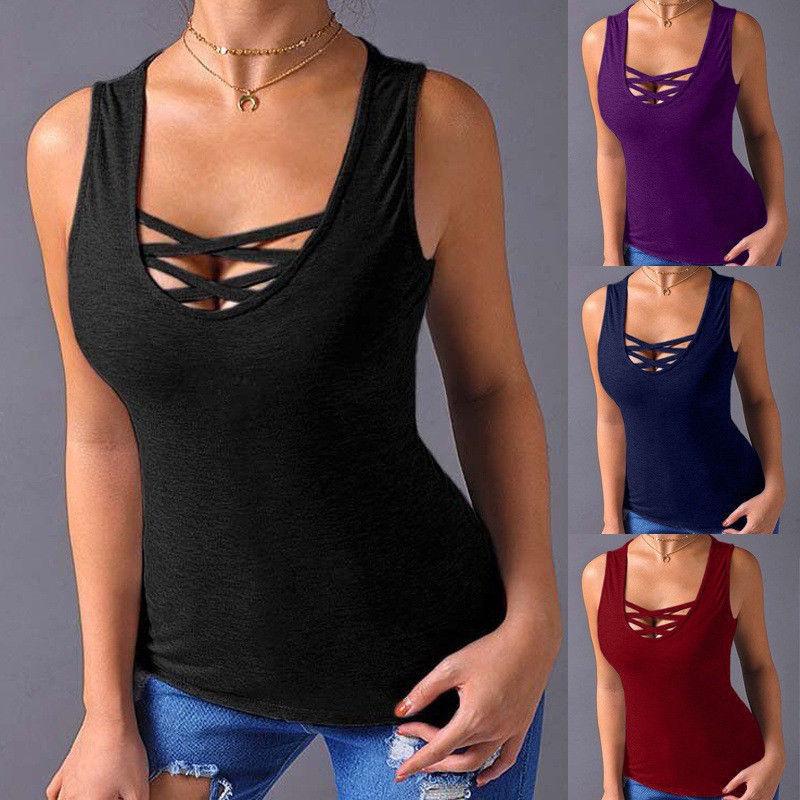 USA Seller Women Lace Up Sexy Slim Tank Tops Tees Sleeveless Cotton T-shirt Vest: 