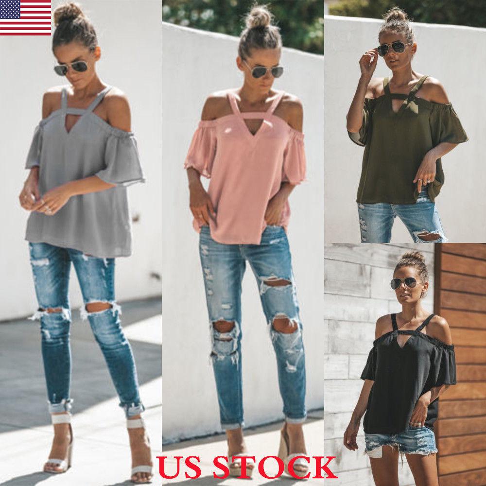 Women Off Shoulder Strappy Ladies Casual Beach Loose Tops T-Shirt Blouse on Stylevore