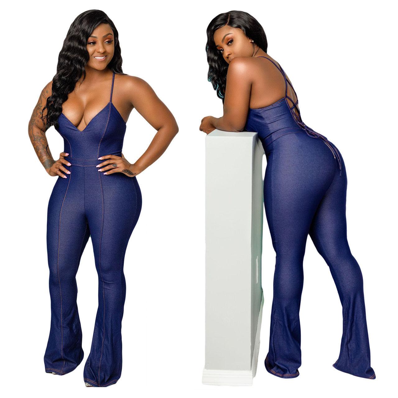 Women V-Neck Denim Sling Romper Wide Leg Trousers Clubwear Long Stretch Jumpsuit: Denim Jumpsuit  