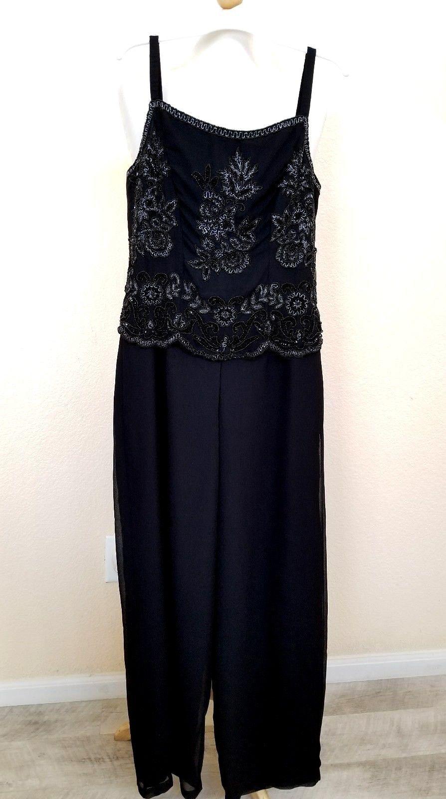 Styleworks Women's Black Romper Jumpsuit Gown size 4 Tiered Beaded: 