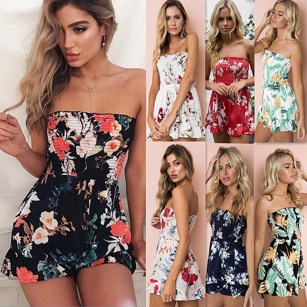 Summer Women’s Floral Strapless Jumpsuit Romper Trousers Evening ...