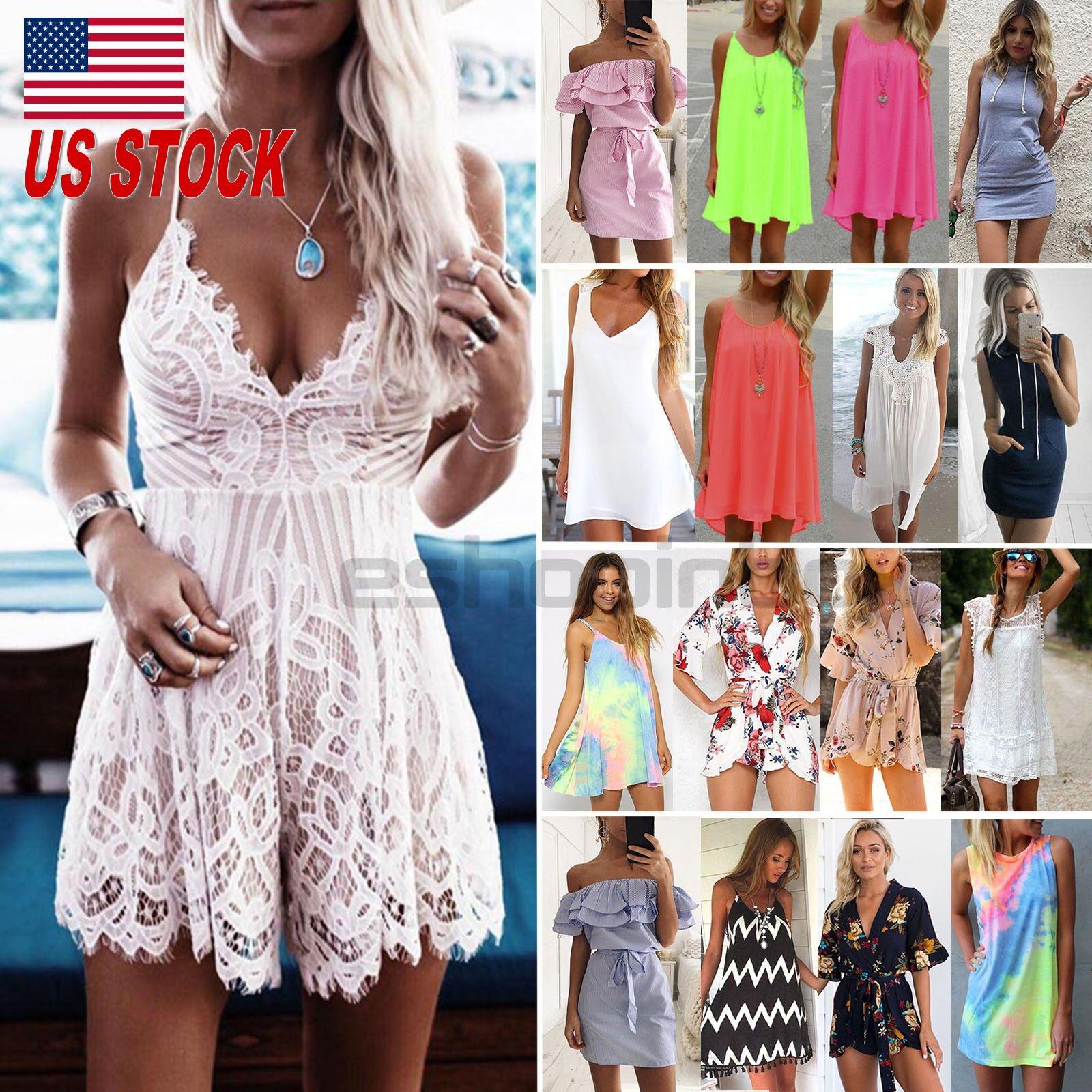 US Women Boho Mini Dress Rompers Party Evening Club Hippie Summer Beach Sundress: 