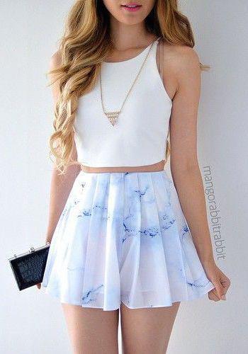 Summer dresses to wear to a wedding : White crop top, necklaces, light blue skirt, summer, cute: Short Skirts,  Mini Skirt,  White Top,  Flowy skirt,  Swing skirt  