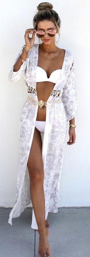 Cute Honeymoon Outfits Ideas: maxi kimono. white bikini. summer beach style.: Beach outfit,  Kimono Long  