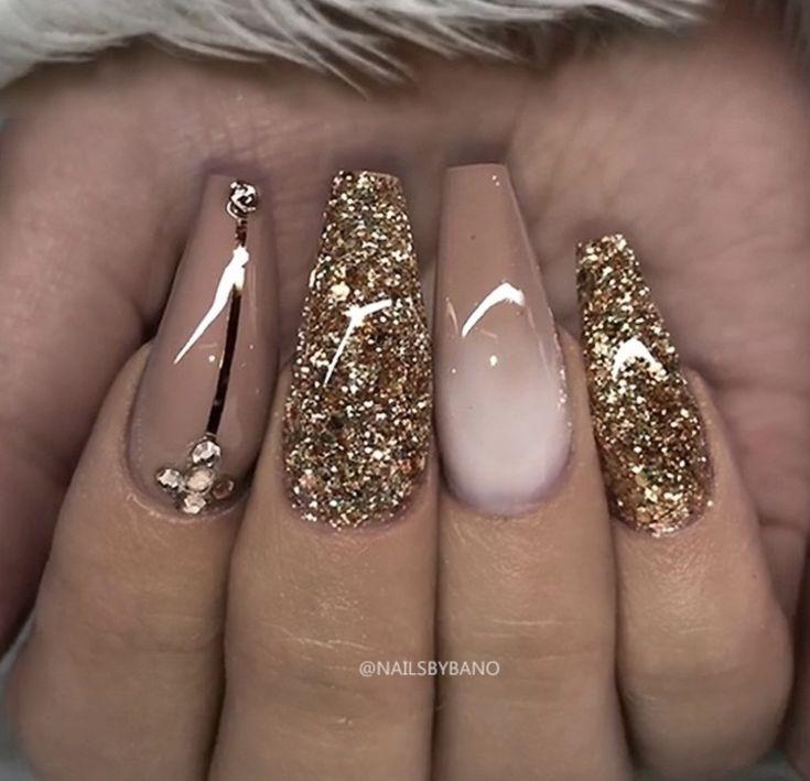 Pink and golden glitter nail designs...