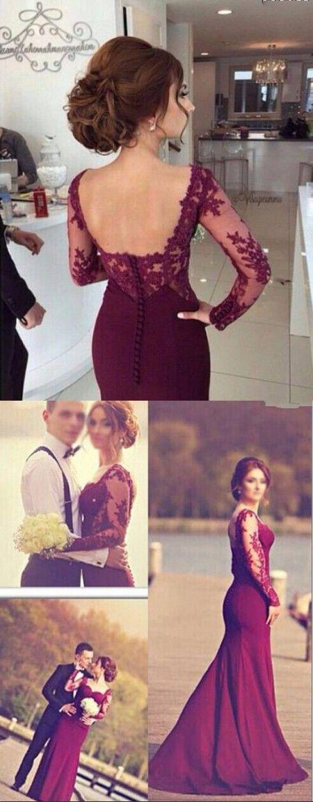 2016 Mermaid Evening Gowns Dark Red Long Sleeves Lace Open Back Long Wedding…