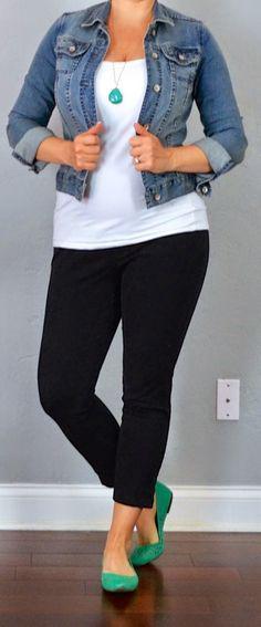 cool outfit post: jean jacket, white tank, black cropped pants, teal flats: Boxy Jacket  
