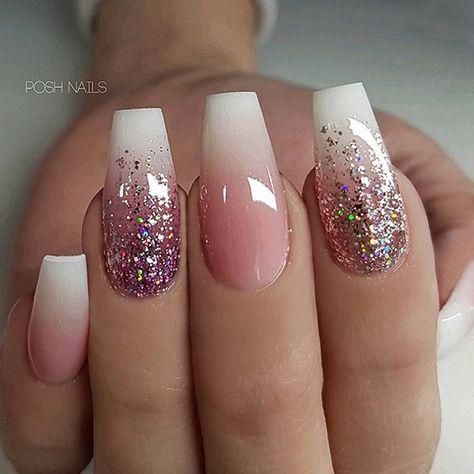 French Fade and Glitter Ombre on long Coffin Nails...: Nail Polish,  Gel nails,  Glitter Nails  