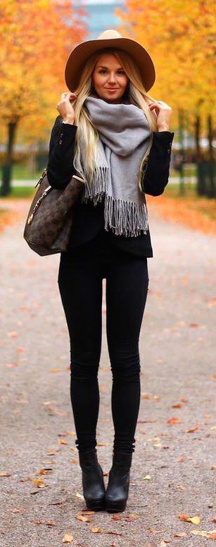Outfits For Curvy Women : #winter #fashion / all black + gray fringe scarf: 