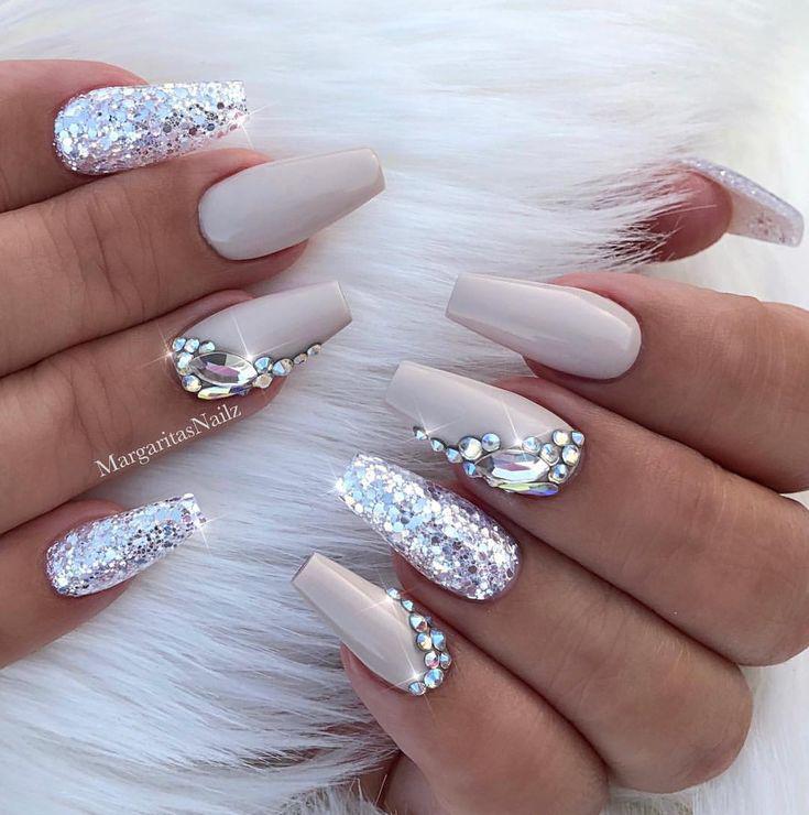 Nude coffin nails Silver glitter bling nail art design...