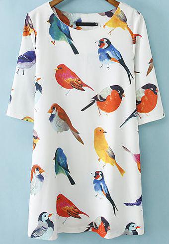 Outfits Ideas for Tall Girls: Romwe White Half Sleeve Birds Print Loose Dress