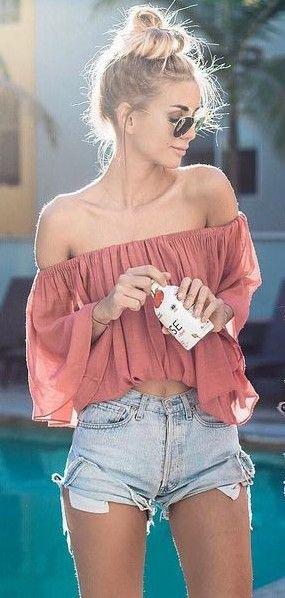 Beach Vacation Outfits : Off the shoulder + cut offs.: Beach Vacation Outfits,  Beach outfit,  Off Shoulder  