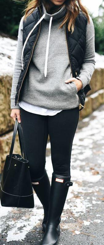 nice A warm look: woman wearing black leggings and gray cowl-neck hoodie...: 