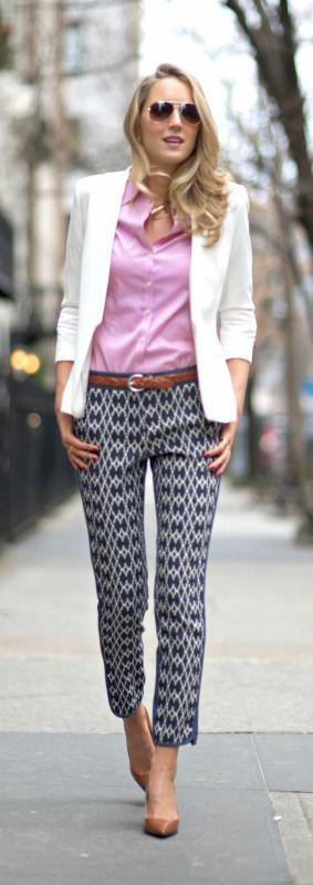 Printed Pants Outfits Ideas : indigo print + white blazer + prink dress shirt (I can totally do this since I h...: Zebra Print Pants Outfits,  Printed Pants,  Blazer,  Low-Rise Pants,  print Trousers  