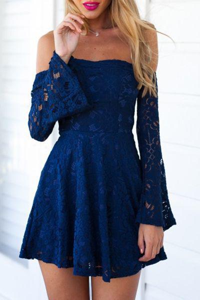 Summer wedding guest dresses 2018 : Blue Lace Off The Shoulder Flare Dress