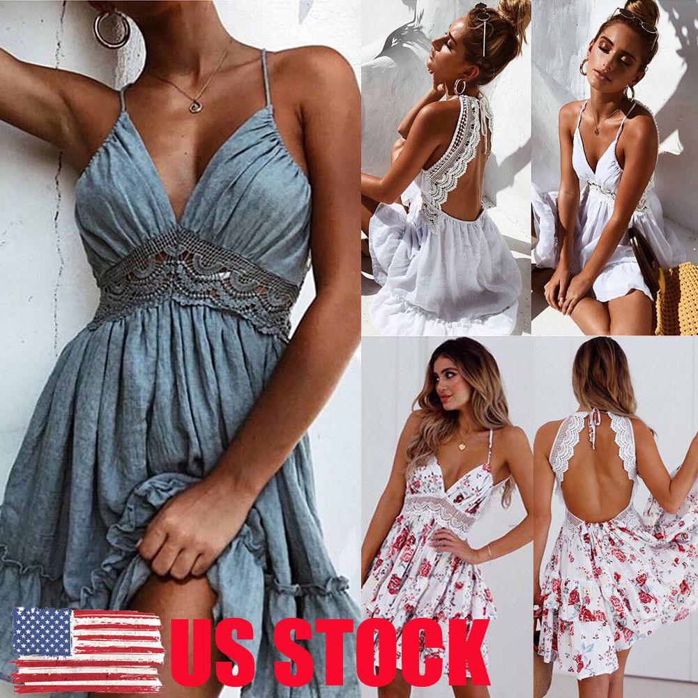 US STOCK Women Lace Beach Casual Party Evening Dresses Cocktail Short Mini Dress: Cocktail Mini Dress  