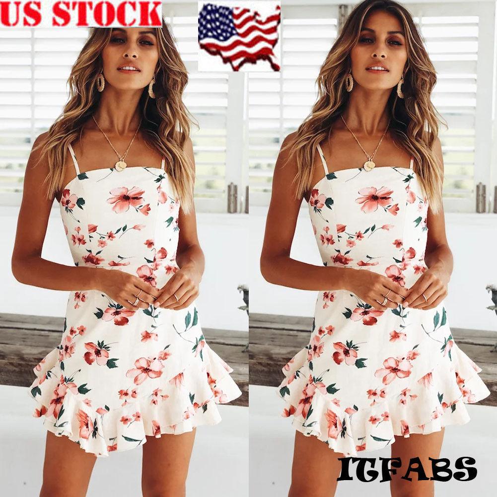 US Summer Women’s Boho Sleeveless Beach Midi Dress Casual Floral ...