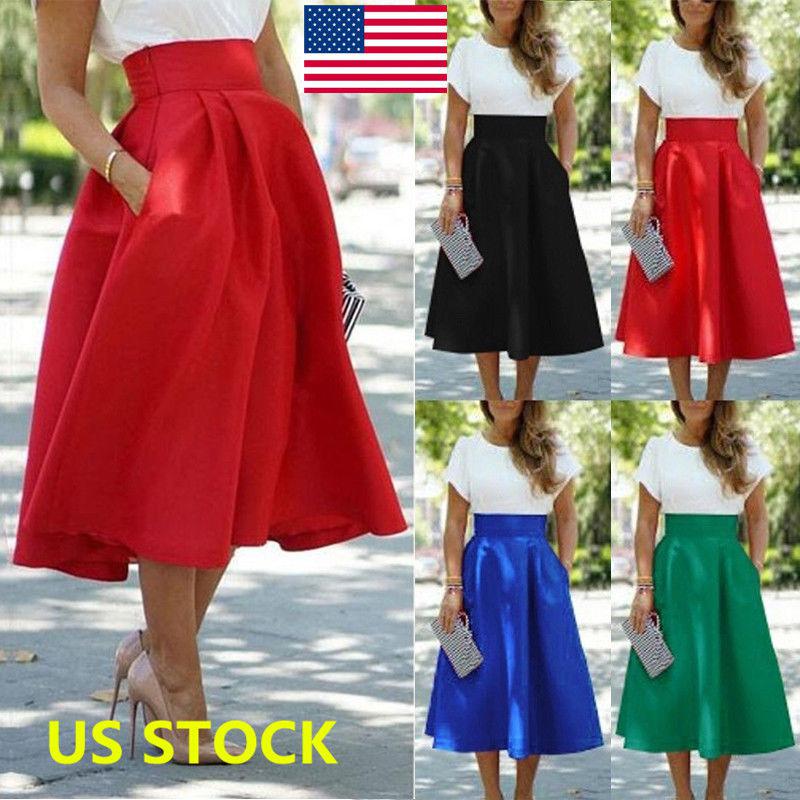 US Women High Waist A-Line Skirts Dress Stretch Skater Evening Party ...