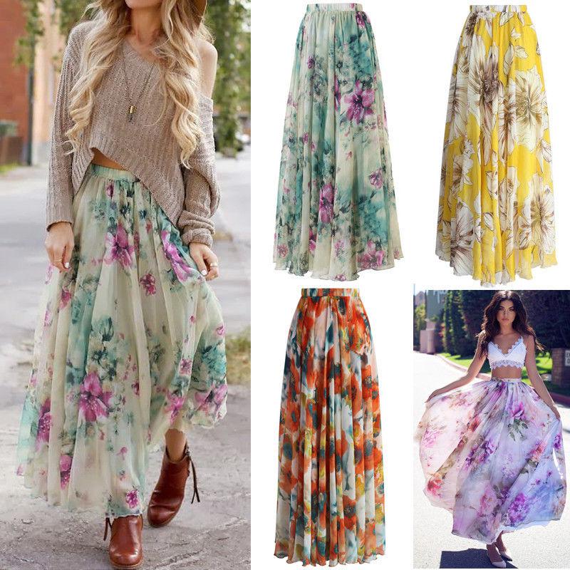 USA Chiffon BOHO Womens Floral Jersey Gypsy Long Maxi Full Skirt Beach Sun Dress: Flowy skirt  