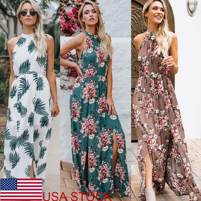 USA Women's Floral Boho Maxi Halter Dress Beach Party Sleeveless Summer Dress