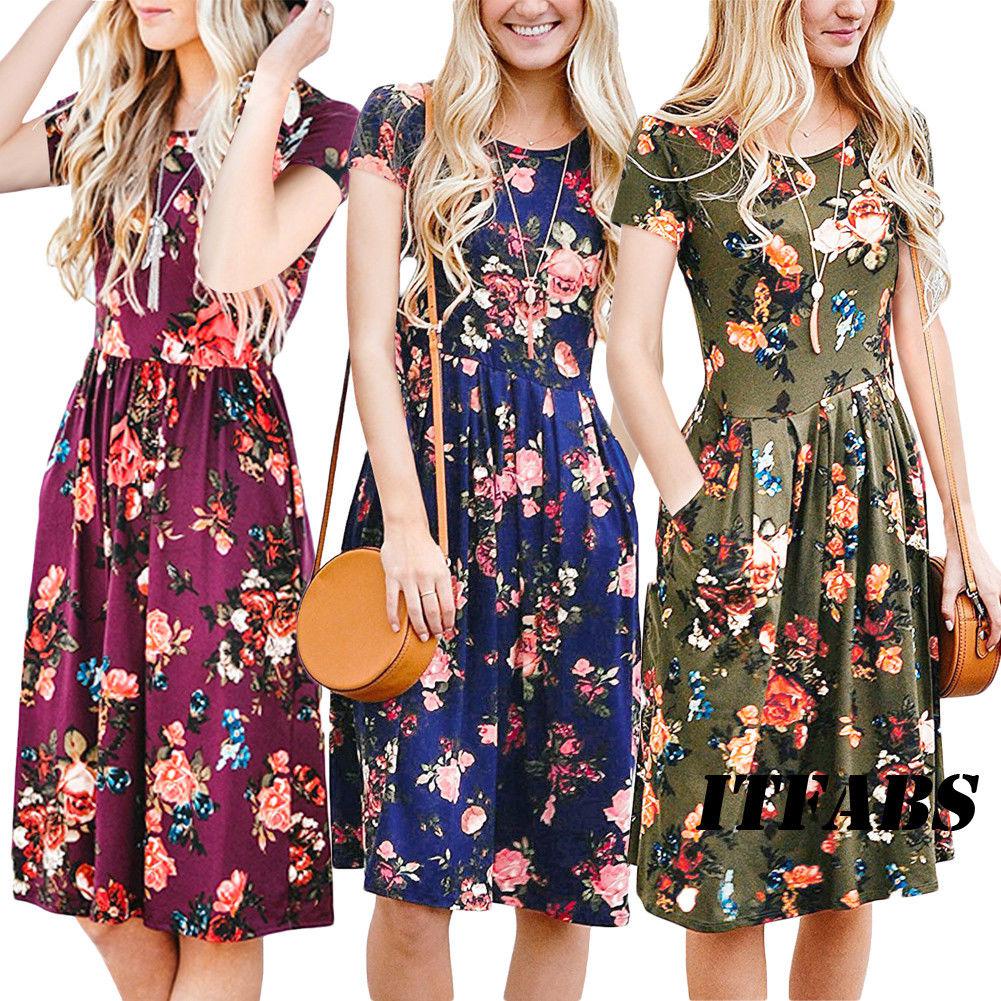 Women Summer Boho Casual Floral Maxi Evening Party Cocktail Beach Dress Sundress: 