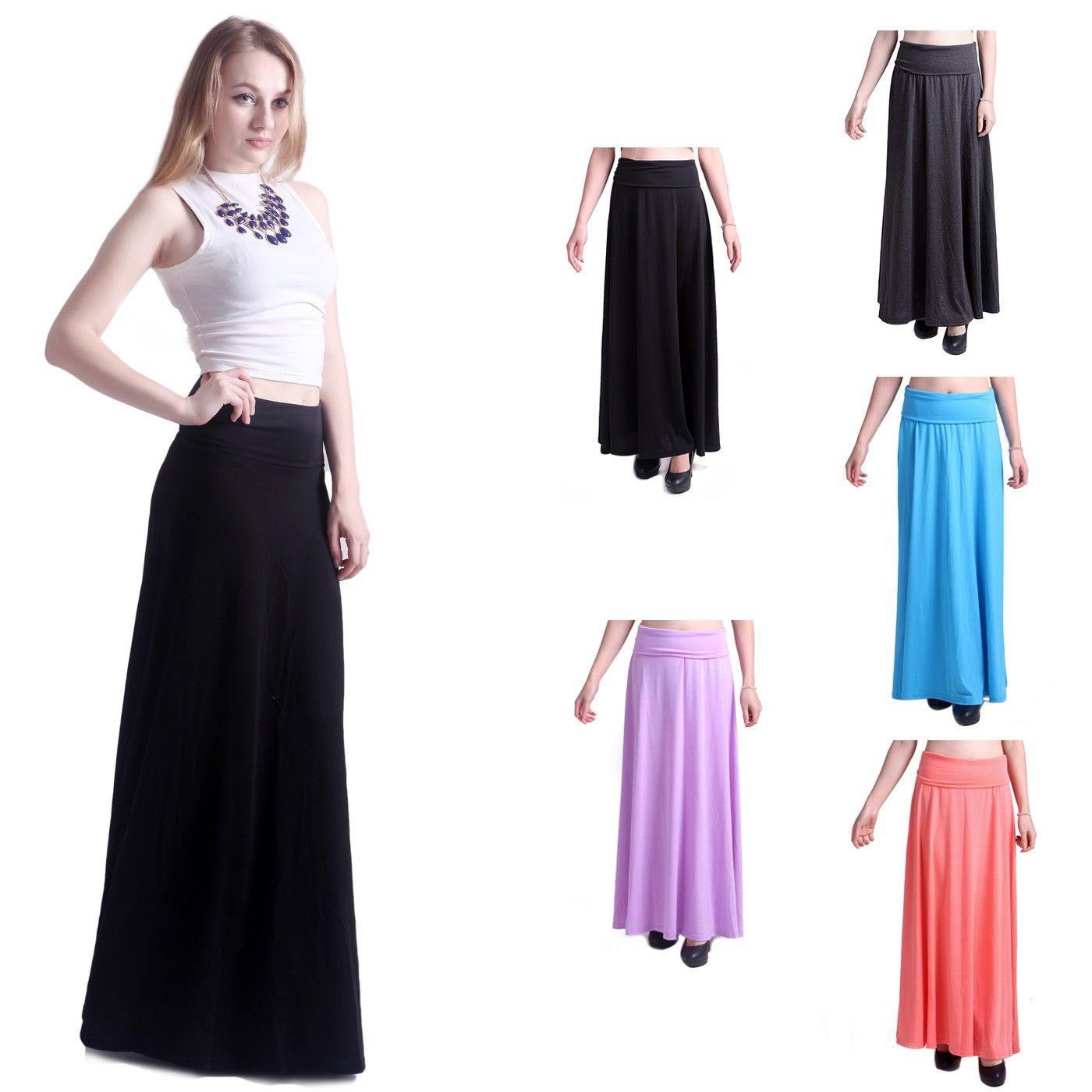 Women's Fashion Solid Jersey Full Length Long Fold Over Spandex Maxi Skirt Dress: 