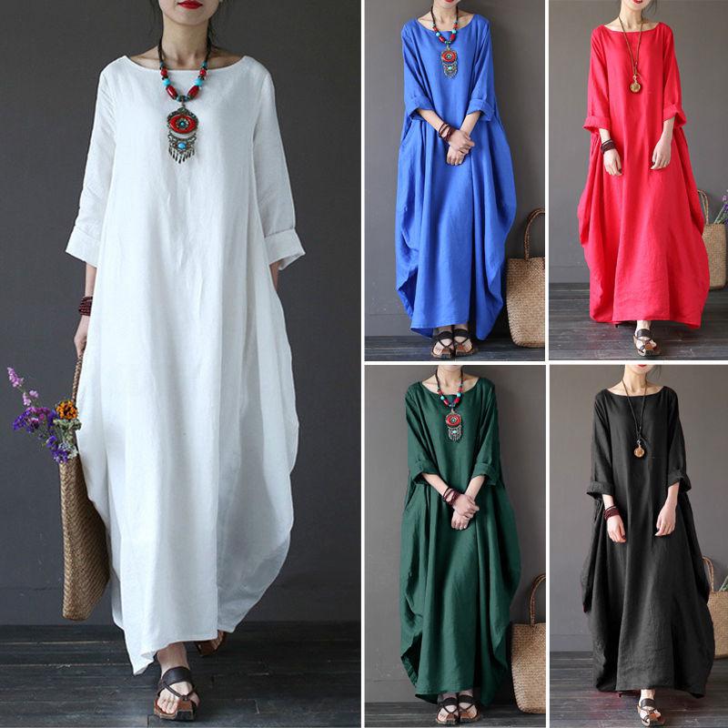 Womens Summer Boho Cotton Linen Casual Kaftan Basic Tunic Maxi Long Dress S-5XL: Casual Long Maxi  