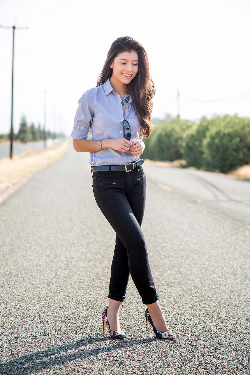 Black Skinny and Floral Heels on