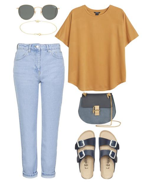 How about wearing cuffed light blue high-rise jeans with a relaxed fit light-brown T-shirt?: 