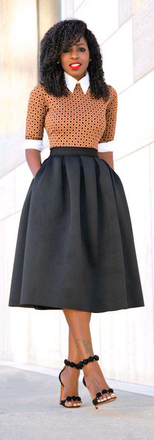 Button Down Shirt + Midi Dress + Full Midi Skirt Fashion Look by Style Pantry: Romper suit,  Business casual,  black girl outfit,  Midi Skirt,  Twirl Skirt  