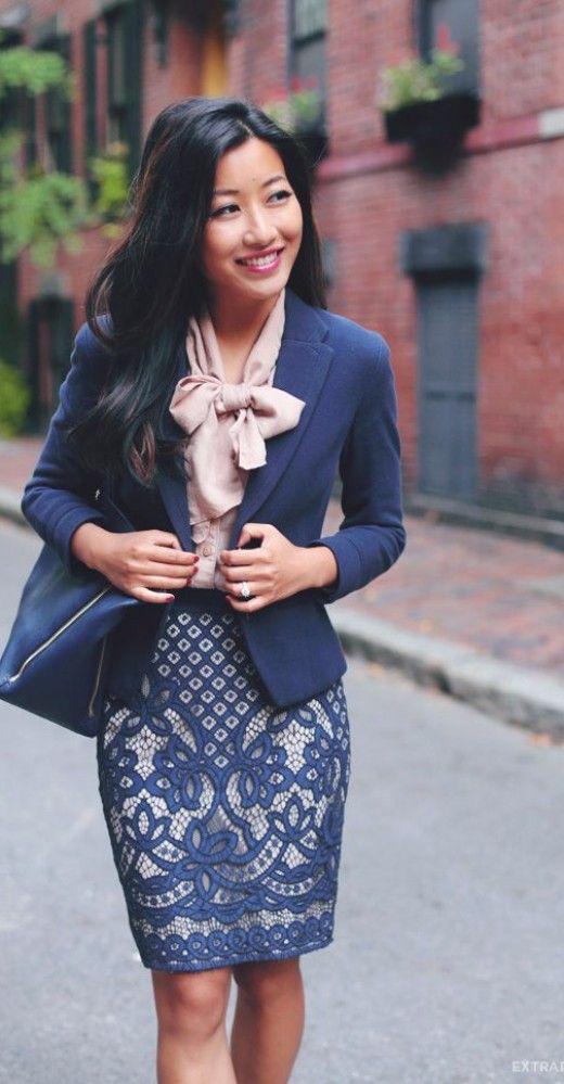 Lace skirt and navy for the more formal days.: 