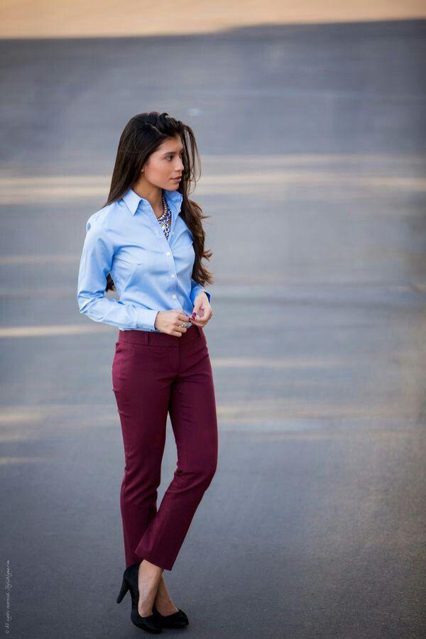Maroon slacks and pale-blue blouse.: Maroon Outfit  