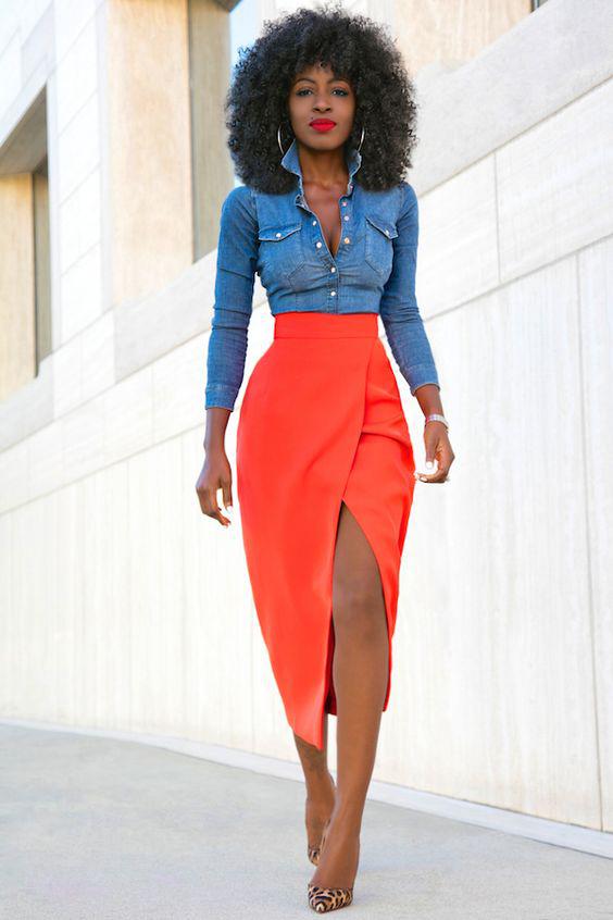 Fitted Denim Shirt + Tulip Front Slit Skirt but in a different colour: black girl outfit,  Denim Top,  Wrap Skirt,  Denim Shirt  