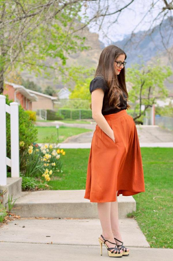 Black Shirt with High-waist Orange Skirt: Swing skirt  