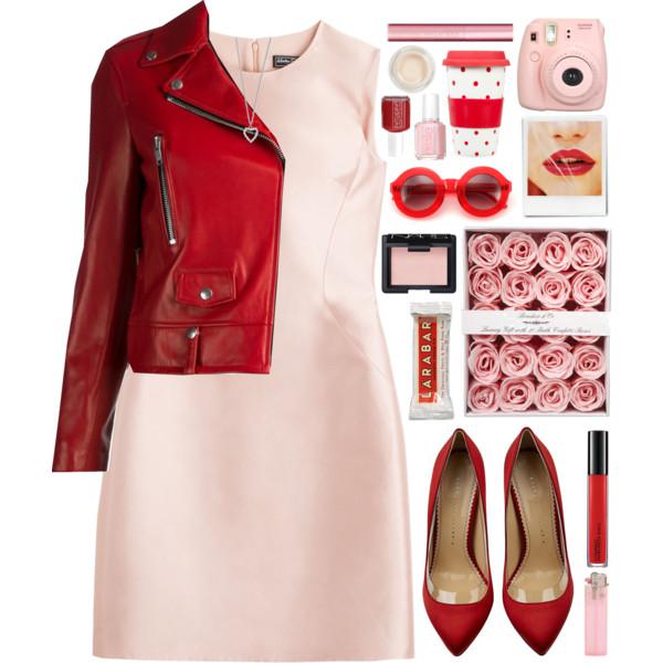 Go for a little pink dress then layer it with a bold red jacket.: red jacket  