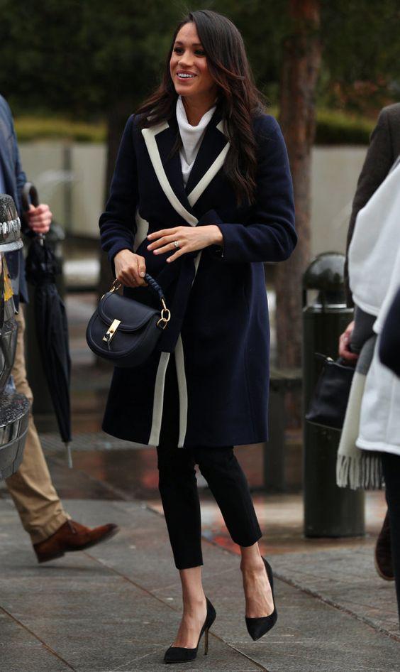 Meghan Markle wearing a navy blue coat: Wool Coat,  swing coat,  Winter Coat  