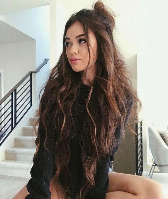 messy half up bun: Long hair,  Hairstyle Ideas,  Brown hair,  Hairstyle For Teens  