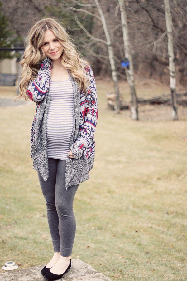 Striped Sleeveless Vest with Knitted Cardigan and Gray Leggings: Cardigan,  Long Sleeve  