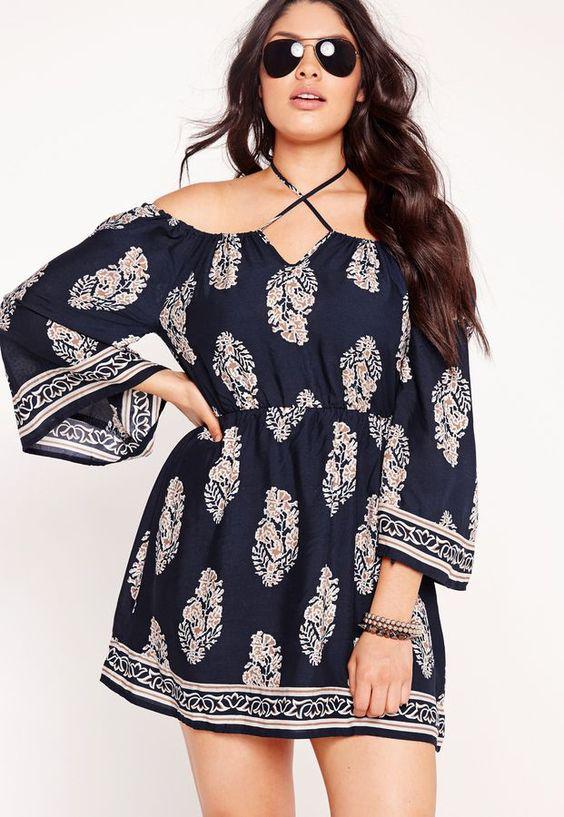 Plus Size Festival Print Bardot Dress Navy: Cute Outfit For Chubby Girl  
