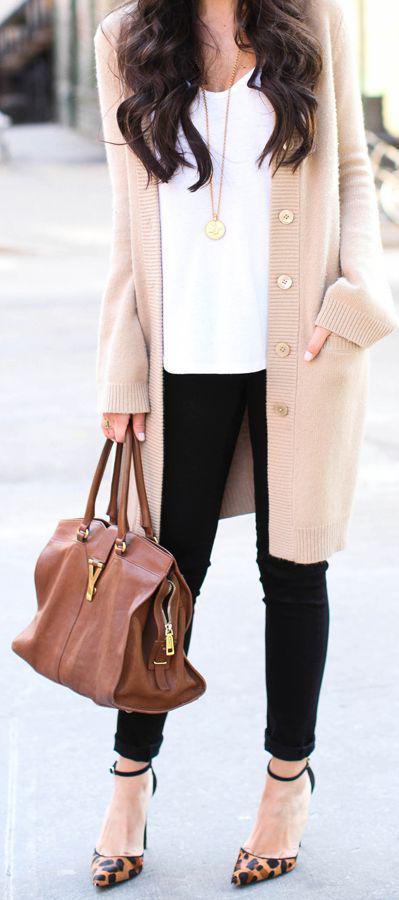 Women's Beige Cardigan, White Tank, Black Skinny Jeans, Brown Leopard Leather Pumps: Lifestyle,  Skinny Jeans  