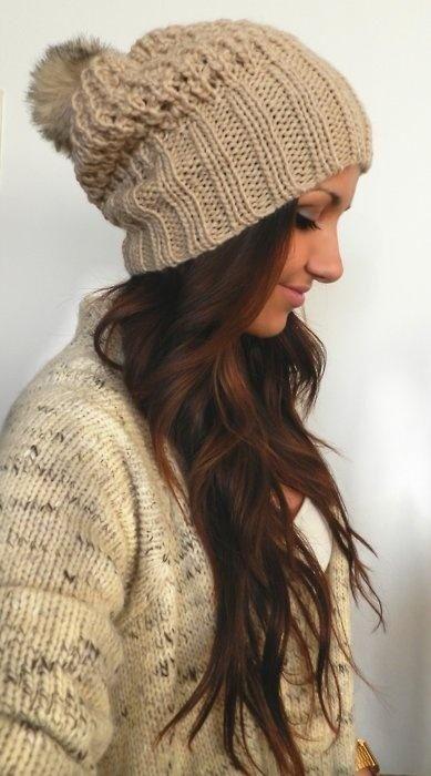 Straight long hair with woolen cap: 