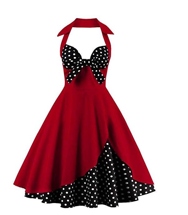 FTVOGUE Women’s Retro Dress Rockabilly Halter Bowknot Sleeveless Hepburn Pleated Floral Swing Cocktail Dress