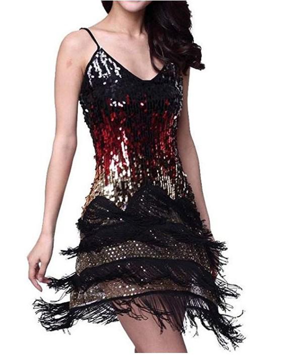 Vijiv Women's Adjustable Strap Gradient Sequin Fringe Dance Party Dress