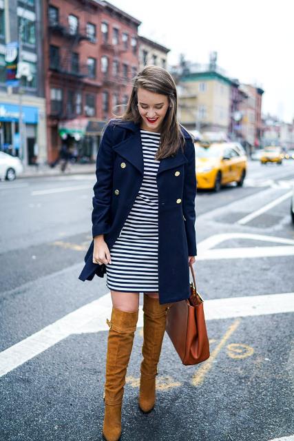 With striped dress, over the knee brown boots and leather bag...: Chap boot  