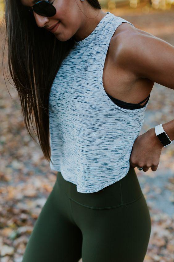 Awesome Gray Tank Top, Dark Green Legging For Exercise: 