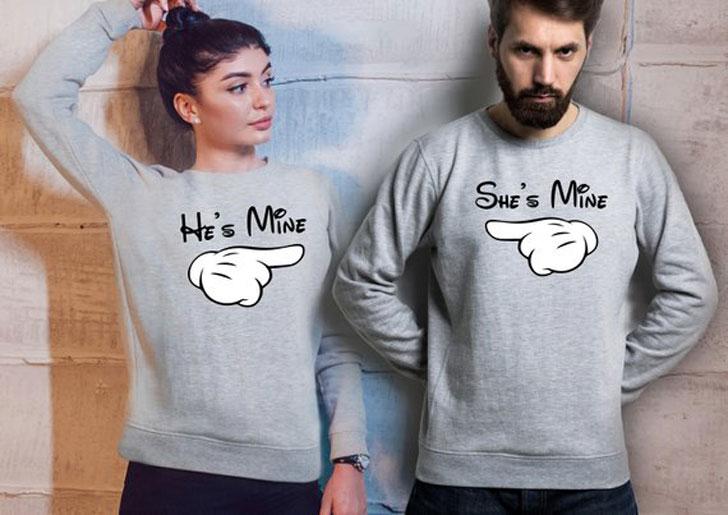 Matching outfits like this one makes the perfect declaration of your love - She's Mine - He's Mine Couples Sweaters: 