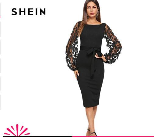 SHEIN Black Party Elegant Flower Applique Contrast Mesh Sleeve Form Fitting: 