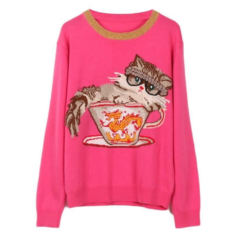 Knitted Pullover Cat Dragon Jacquard Winter Sweater on Stylevore